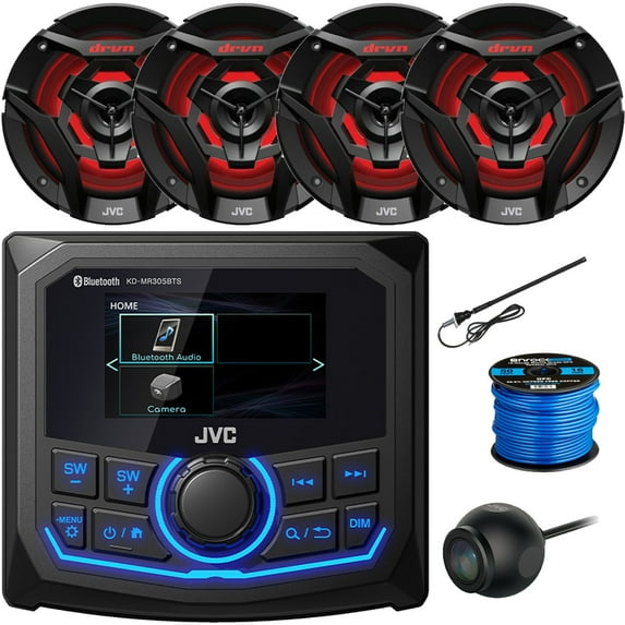 JVC Marine MotorSports 2.7" Display Digital Media Bluetooth Rear USB AUX Rear View AM/FM/Weatherband Radio Receiver, 4x 6.5" 260 Watts Peak Power 2-Way Audio LED Black Speakers, Camera, Antenna, Wire