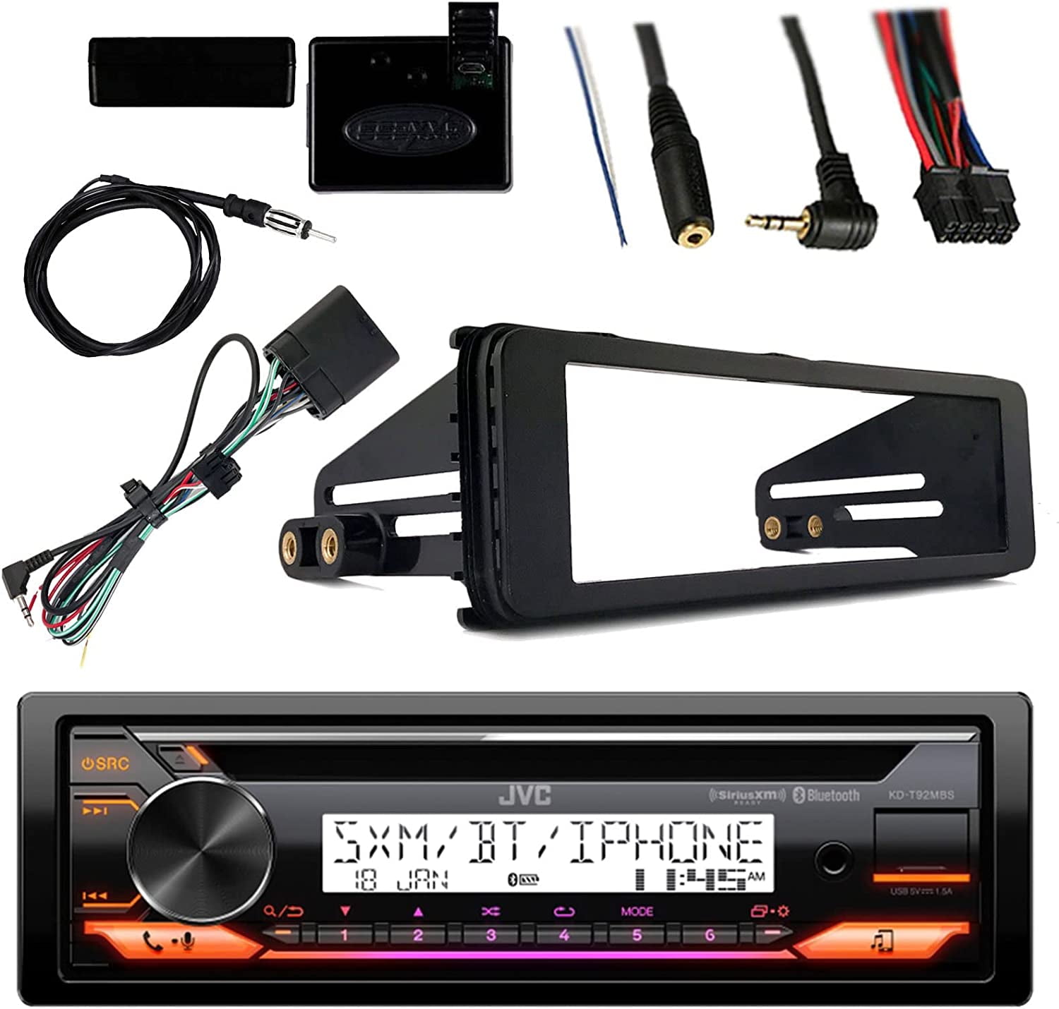 JVC Marine Radio Bluetooth Bundle with Dash Kit Handle Bar Control Antenna For 199813 Harley