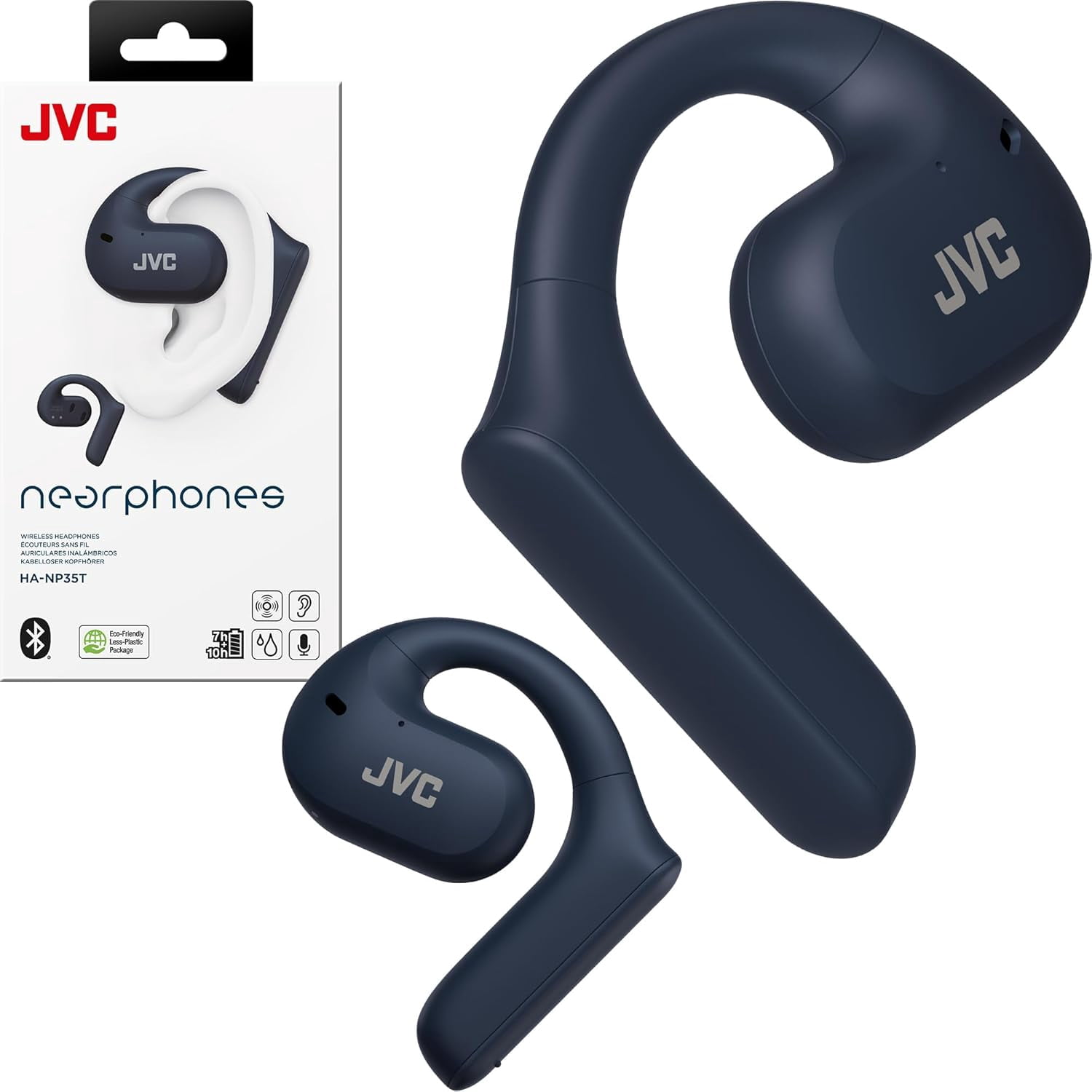 JVC Nearphones Open Ear True Wireless Headphones with 16mm Large Drivers for Powerful Sound, Single Ear use, and Long Battery Life (up to 17 Hours) - HANP35TA (Blue)