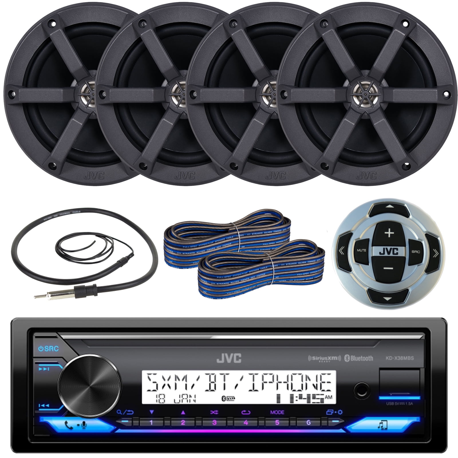 Kit Audio Marine JVC - Récepteur USB/Bluetooth + 2 Haut-parleurs Boat 6.5" 90W + Fils - Ouvert Jamais Utilisé