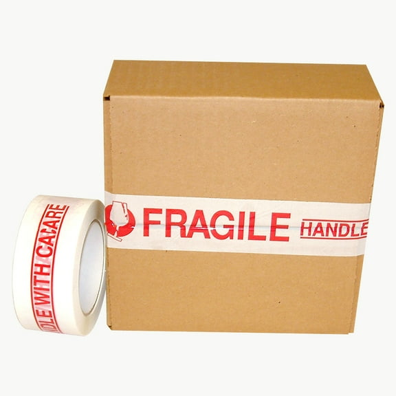 JVCC PP20 Printed Packaging Tape: 2 in x 110 yds. (White with Red "FRAGILE HANDLE WITH CARE" printing)