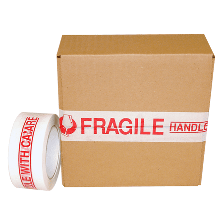 JVCC PP20 Printed Packaging Tape: 2 in x 110 yds. (White with Red "FRAGILE HANDLE WITH CARE" printing)