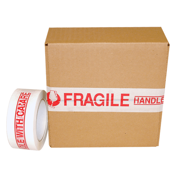 JVCC PP20 Printed Packaging Tape: 2 in x 110 yds. (White with Red "FRAGILE HANDLE WITH CARE" printing)