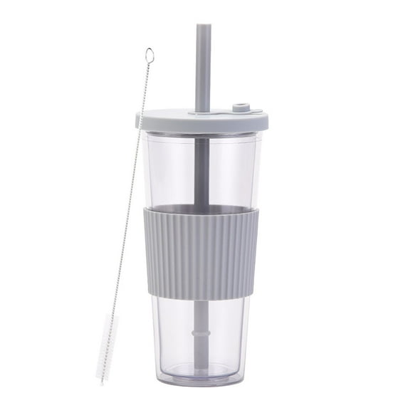 JVMU 24oz Boba Tea Cups Portable Reusable Plastic Double Wall Iced Coffee Cup with Straw and Lid, Gray