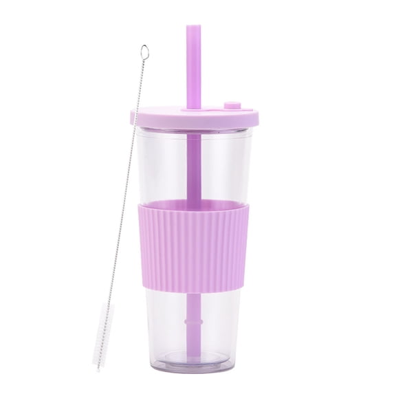 JVMU 24oz Boba Tea Cups Portable Reusable Plastic Double Wall Iced Coffee Cup with Straw and Lid, Light Purple