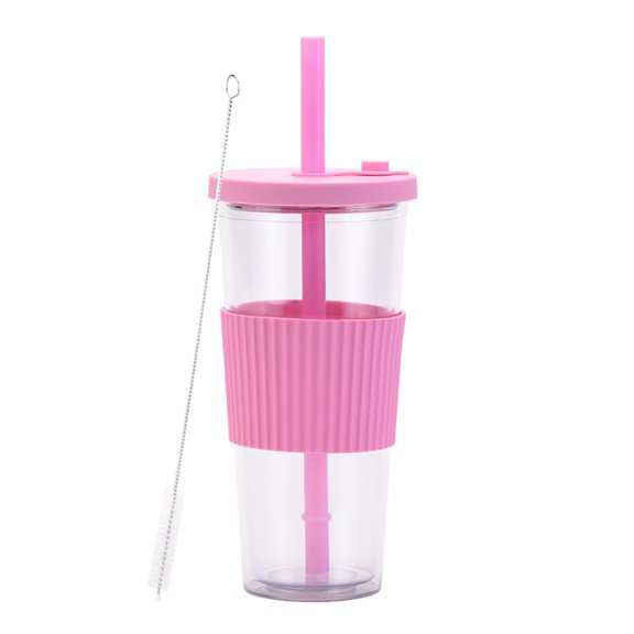 JVMU 24oz Boba Tea Cups Portable Reusable Plastic Double Wall Iced Coffee Cup with Straw and Lid, Rose Red