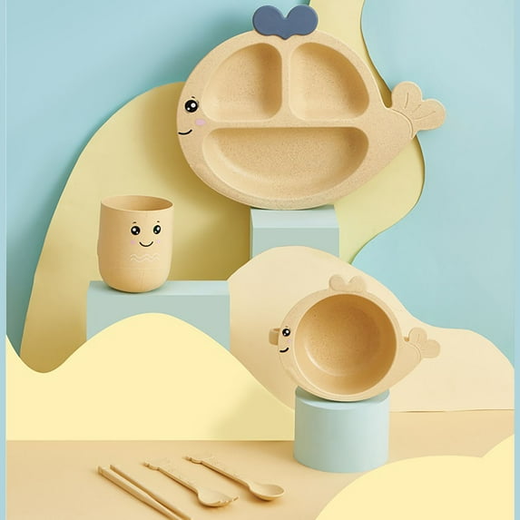 JVMU 6PCS Wheat Straw Tableware Set Kids Feeding Plate Unbreakable Cute Cartoon Whale Yellow