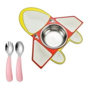 JVMU Kids Airplane Food Plates 4 Grids with Stainless Steel Spoon and Fork Set for Baby Toddler Self-Feeding Training, Red