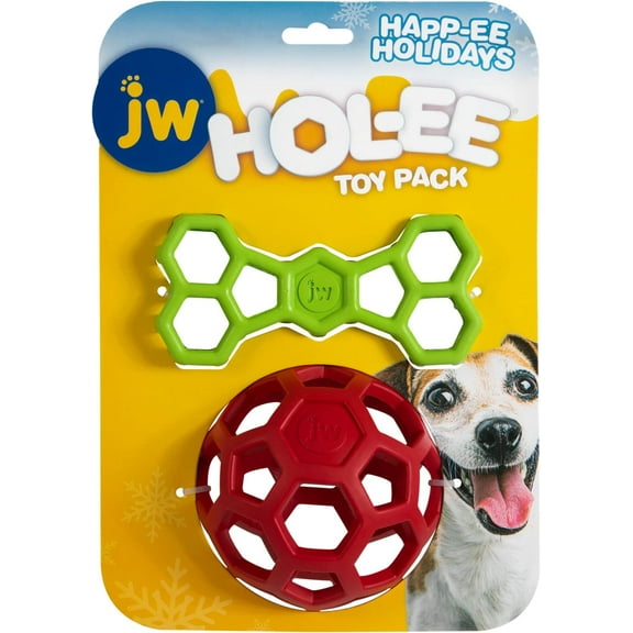 JW HOL-ee Holiday for Dogs, Treat Ball Dog Toy Throw Toy & Pull Toy - 2 Pack