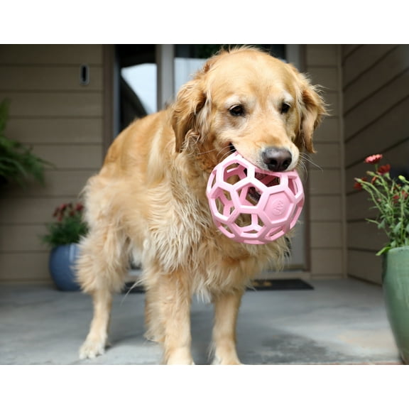 JW HOL-ee Rollerâ„¢ Tug and Fetch Treat Dispenser Puzzle Ball Dog Toy, Natural Rubber, Large 5.5" for Dogs 60+ lb, Pink, Pack of 1
