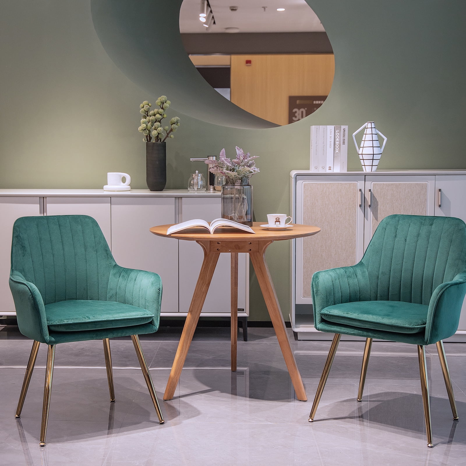 JW Home Furniture Velvet Dining Chairs Set of 2 - Mid-Back Gold Legs - Green Upholstered Accent Chairs for Kitchen & Dining Room