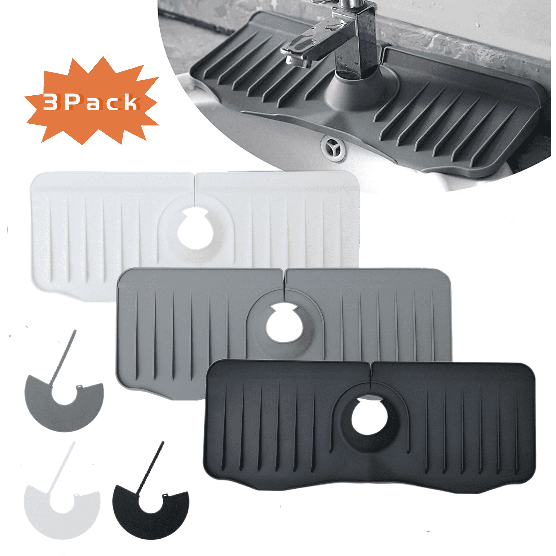 JW Sinks Faucets Mat 3Pcs, 14.7" x 5.8" Kitchen Faucets Mat Silicone