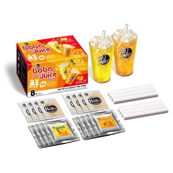 JWAY Instant Boba Bubble Tea Kit 8 Servings, 4 Mango & 4 Pineapple Juice Drinks Mix Variety Pack with Authentic Crystal Tapioca Pearls, Ready In Under 1 Minute, Paper Straws Included, Boba Party Set