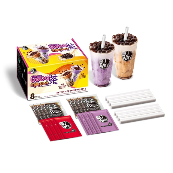 JWAY Instant Boba Bubble Tea Kit 8 Servings, 4 Taro & 4 Classic Milk Tea Variety Pack with Authentic Brown Sugar Tapioca Pearls, Ready In Under 1 Minute, Paper Straws Included, Boba Party Gift Set