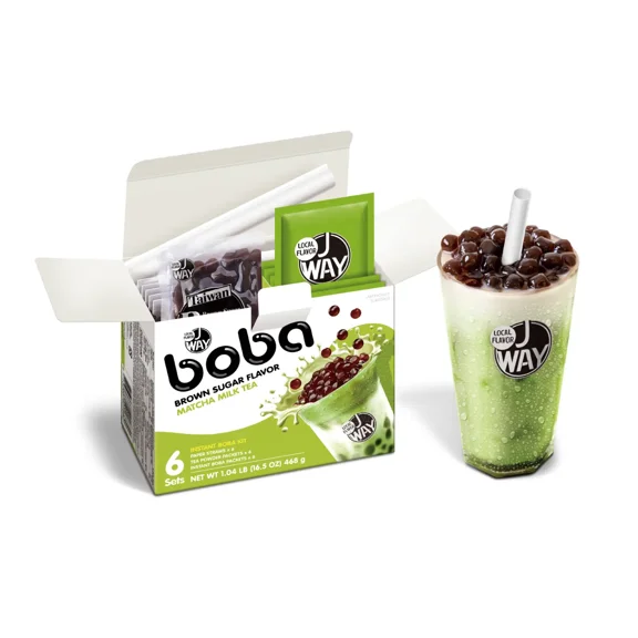 JWAY Instant Matcha Boba Tea Kit with Authentic Brown Sugar Tapioca Boba Pearls, Bubble Milk Tea Boba Set, Ready in Under 1 Minute, Paper Straws Included, 6 Servings