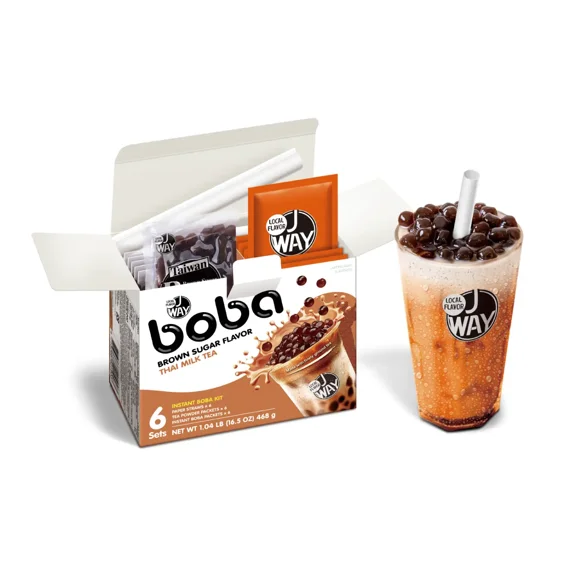 JWAY Instant Thai Milk Boba Tea Kit with Authentic Brown Sugar Tapioca Boba Pearls, Bubble Milk Tea Boba Set, Ready in Under 1 Minute, Paper Straws Included, 6 Servings