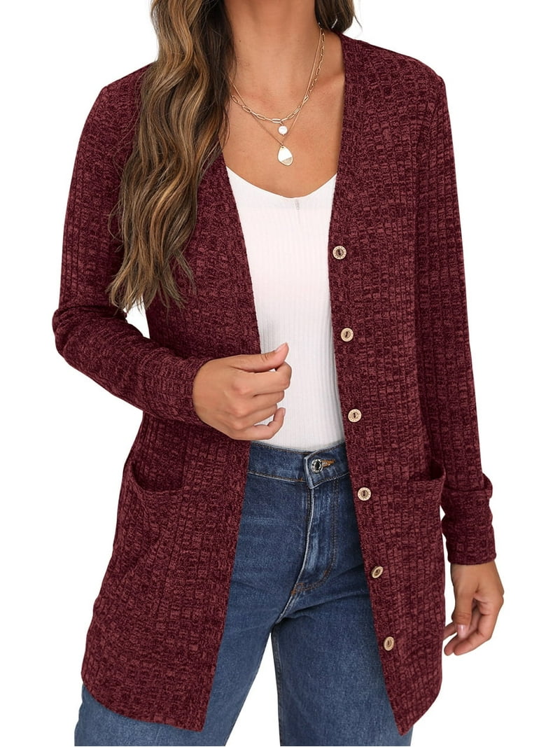 JWD Burgundy Open Front Cardigan for Women Button Down Long Sleeve