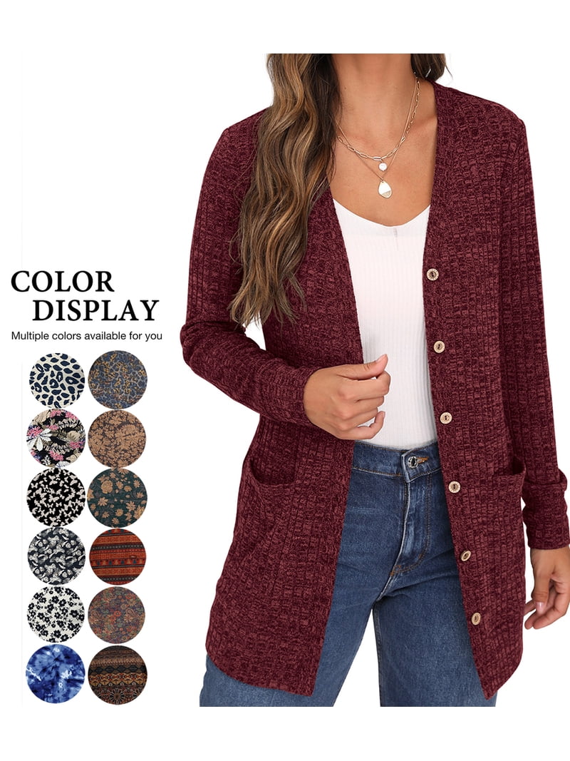 JWD Burgundy Open Front Cardigan for Women, Long Sleeve, Button