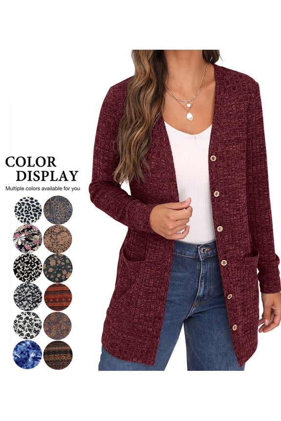 Burgundy Open Front Cardigan for Women Button Down Long Sleeve Draped Sweater Outerwear with Pocket