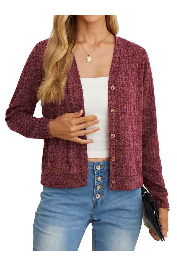 Burgundy Women's Fashionable Cropped cardigan Button up Long Sleeve Folded Sweater Coat with Pocket