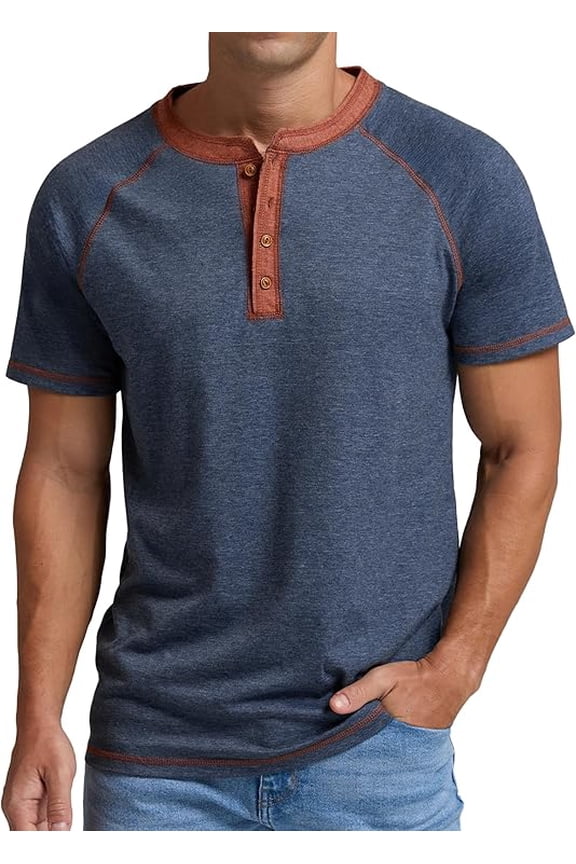 Classic henley style Three button henley closure, Mens Henley Short Sleeve T-Shirt Cotton Casual Shirt Mens ShirtsSummer Daily T-Shirts Navy Blue XL