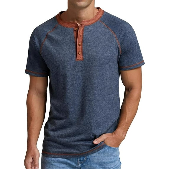 JWD Classic henley style Three button henley closure, Mens Henley Short Sleeve T-Shirt Cotton Casual Shirt Mens ShirtsSummer Daily T-Shirts Navy Blue L