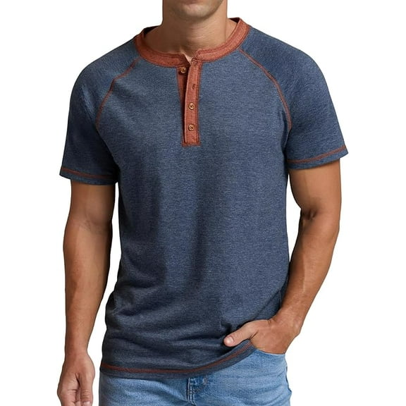 JWD Classic henley style Three button henley closure, Mens Henley Short Sleeve T-Shirt Cotton Casual Shirt Mens ShirtsSummer Daily T-Shirts Navy Blue L