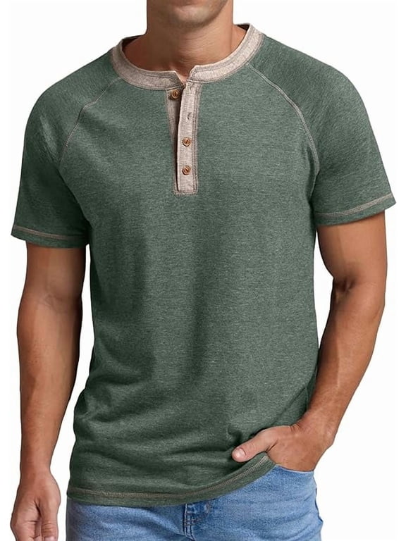 Classic henley style Three button henley closure, Mens Henley Short Sleeve T-Shirt Cotton Casual Shirt Mens ShirtsSummer Daily T-Shirts Green XL