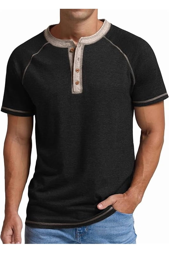 Classic henley style Four button henley closure, Mens Henley Short Sleeve T-Shirt Cotton Casual Shirt Mens ShirtsSummer Daily T-Shirts Black L