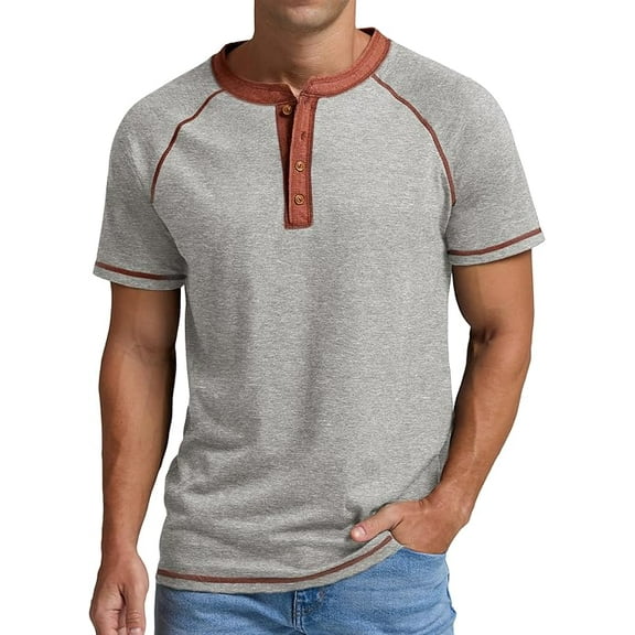 JWD Classic henley style Three button henley closure, Mens Henley Short Sleeve T-Shirt Cotton Casual Shirt Mens ShirtsSummer Daily T-Shirts Light Gray L