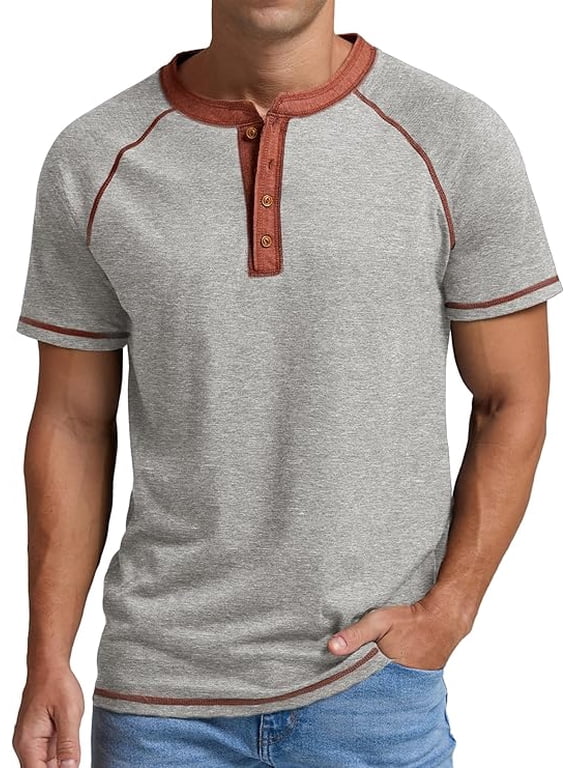 Classic henley style Three button henley closure, Mens Henley Short Sleeve T-Shirt Cotton Casual Shirt Mens ShirtsSummer Daily T-Shirts Light Gray L
