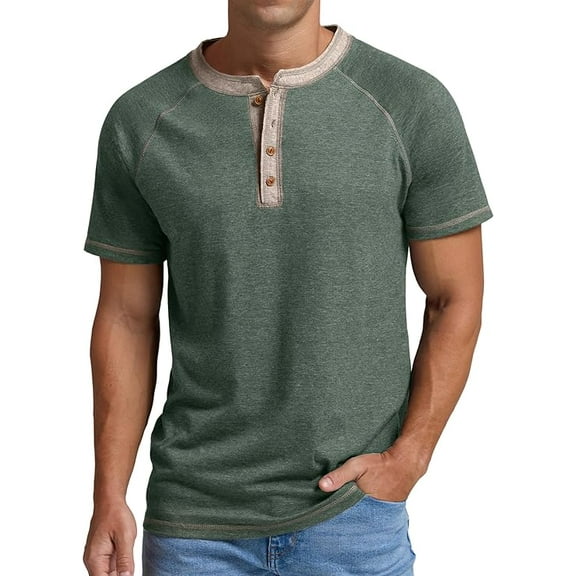 JWD Classic henley style Three button henley closure, Mens Henley Short Sleeve T-Shirt Cotton Casual Shirt Mens ShirtsSummer Daily T-Shirts Green L