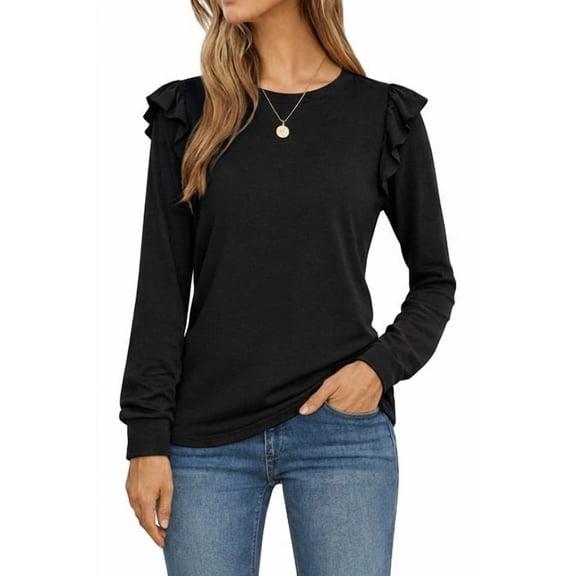 JWD Long Sleeve Shirts for Women Knit Tops Casual Crewneck Ruffle Tops Loose Fit Black-Large