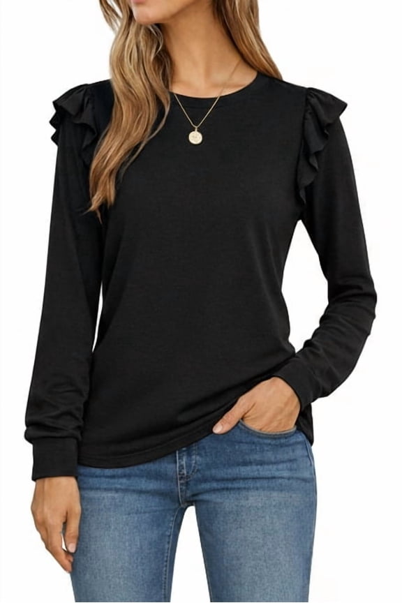 Long Sleeve Shirts for Women Knit Tops Casual Crewneck Ruffle Tops Loose Fit Black-Large