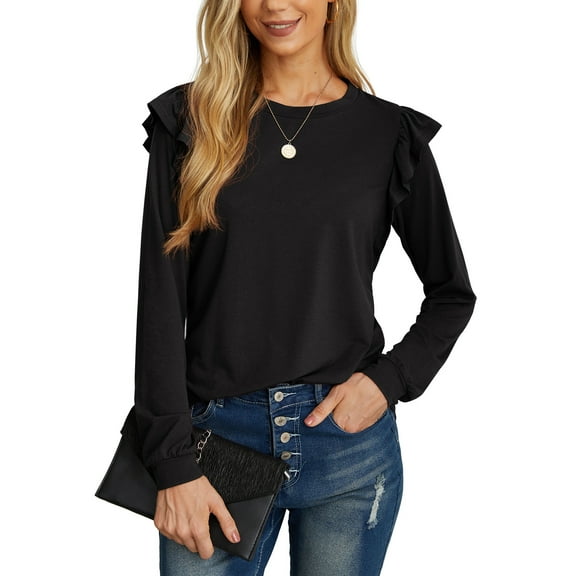 JWD Long Sleeve Shirts for Women Knit Tops Casual Crewneck Ruffle Tops Loose Fit Black-Large