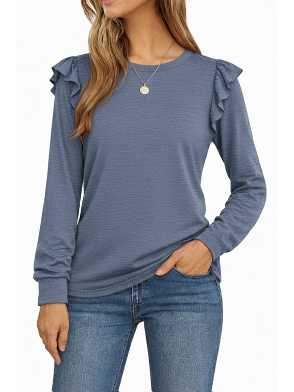 Long Sleeve Shirts for Women Knit Tops Casual Crewneck Ruffle Tops Loose Fit Blue-Large