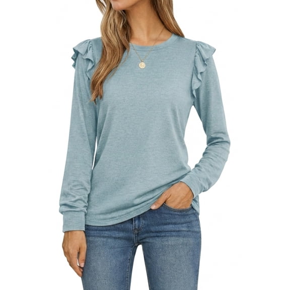 JWD Long Sleeve Shirts for Women Knit Tops Casual Crewneck Ruffle Tops Loose Fit Cadet Blue-Large