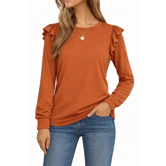 JWD Long Sleeve Shirts for Women Knit Tops Casual Crewneck Ruffle Tops Loose Fit Caramel-Large