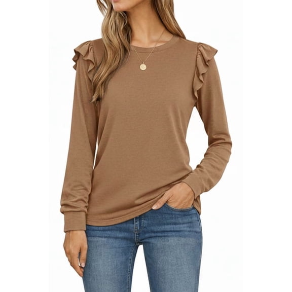JWD Long Sleeve Shirts for Women Knit Tops Casual Crewneck Ruffle Tops Loose Fit Fawn-Large