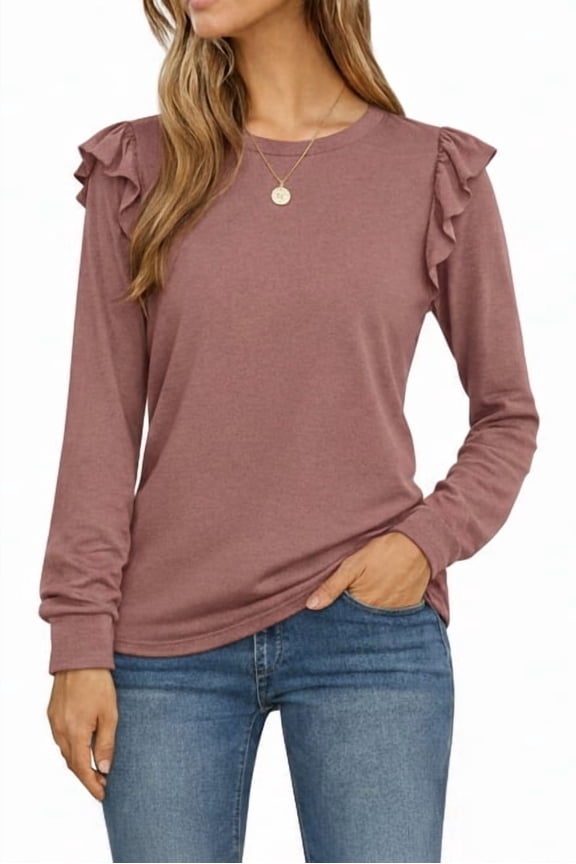 Long Sleeve Shirts for Women Knit Tops Casual Crewneck Ruffle Tops Loose Fit Purple Gray-Large