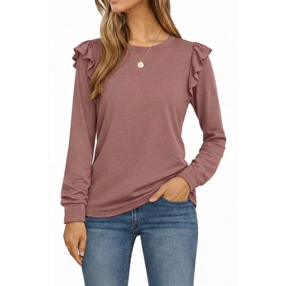 JWD Long Sleeve Shirts for Women Knit Tops Casual Crewneck Ruffle Tops Loose Fit Purple Gray-Large
