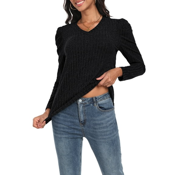 JWD Long Sleeve Shirts for Women V Neck Casual Tunic Tops Lightweight Pullover Black-Large