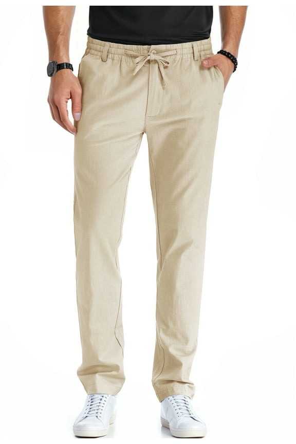 Men's Cotton Linen Pants Elastic Waist Drawstring Casual Trouser Lightweight Straight-Legs Loose Beach Yoga Pants Beige-US 34