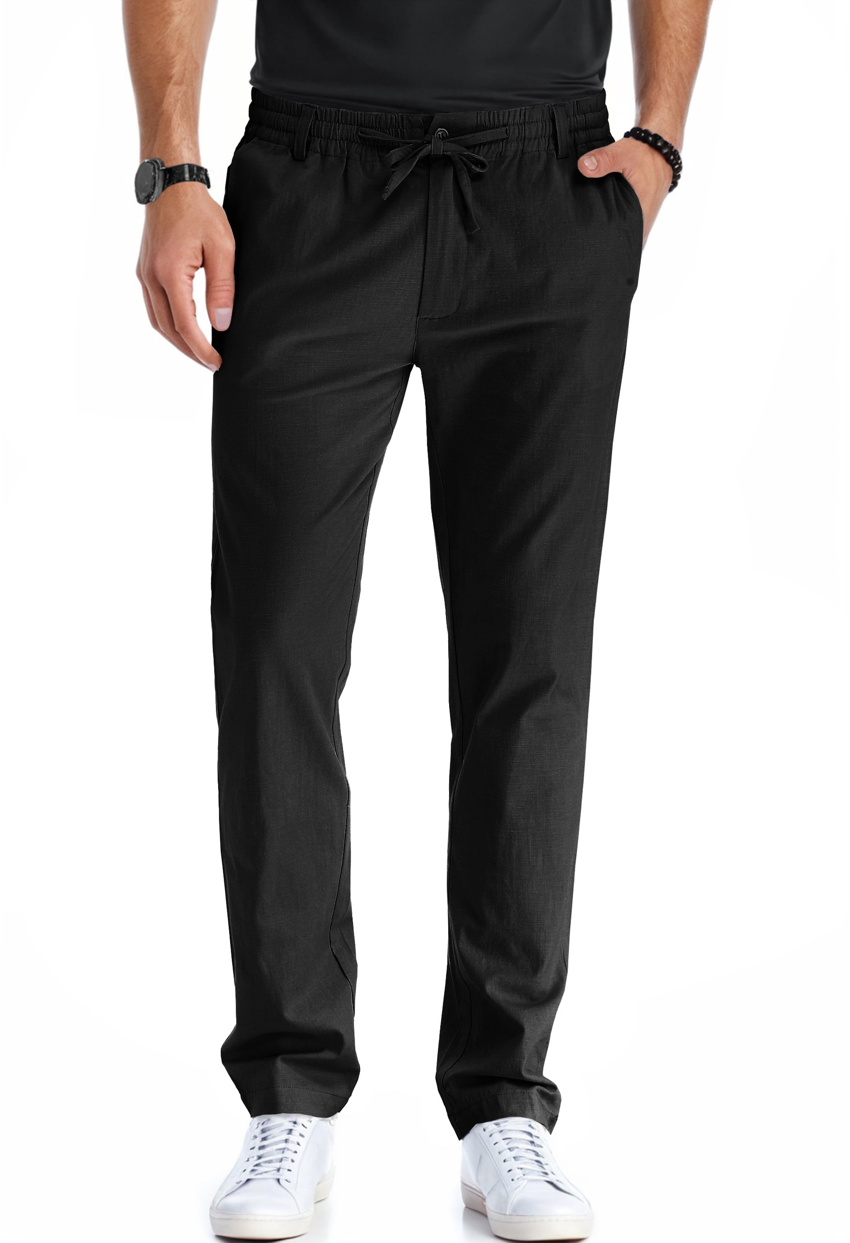 Men's Cotton Linen Pants Elastic Waist Drawstring Casual Trouser Lightweight Straight-Legs Loose Beach Yoga Pants Black-US 32