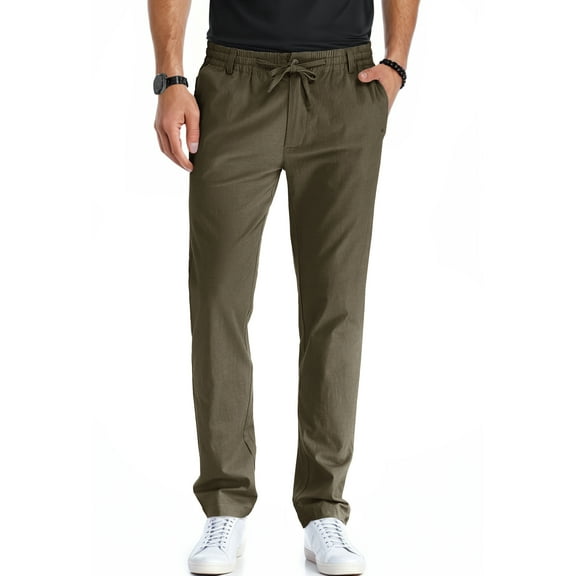 JWD Men's Cotton Linen Pants Elastic Waist Drawstring Casual Trouser Lightweight Straight-Legs Loose Beach Yoga Pants Brown-US 34