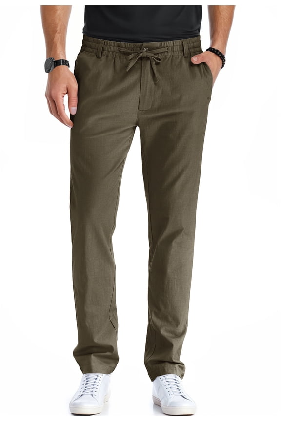 Men's Cotton Linen Pants Elastic Waist Drawstring Casual Trouser Lightweight Straight-Legs Loose Beach Yoga Pants Brown-US 34