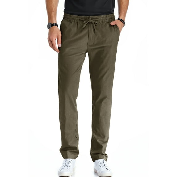 JWD Men's Cotton Linen Pants Elastic Waist Drawstring Casual Trouser Lightweight Straight-Legs Loose Beach Yoga Pants Brown-US 36