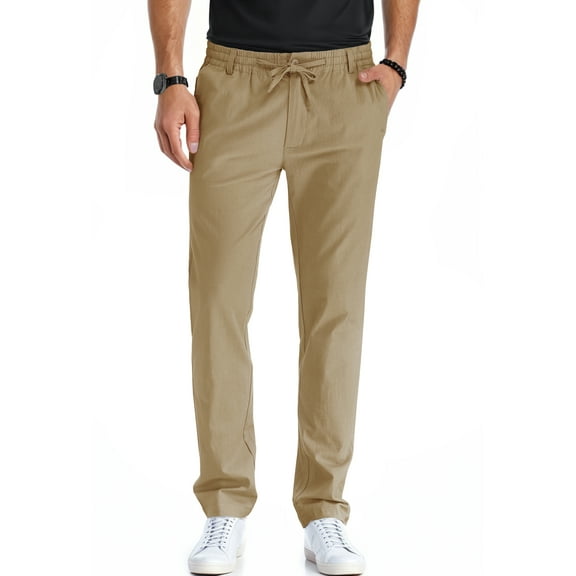 JWD Men's Cotton Linen Pants Elastic Waist Drawstring Casual Trouser Lightweight Straight-Legs Loose Beach Yoga Pants Gray Khaki-US 34