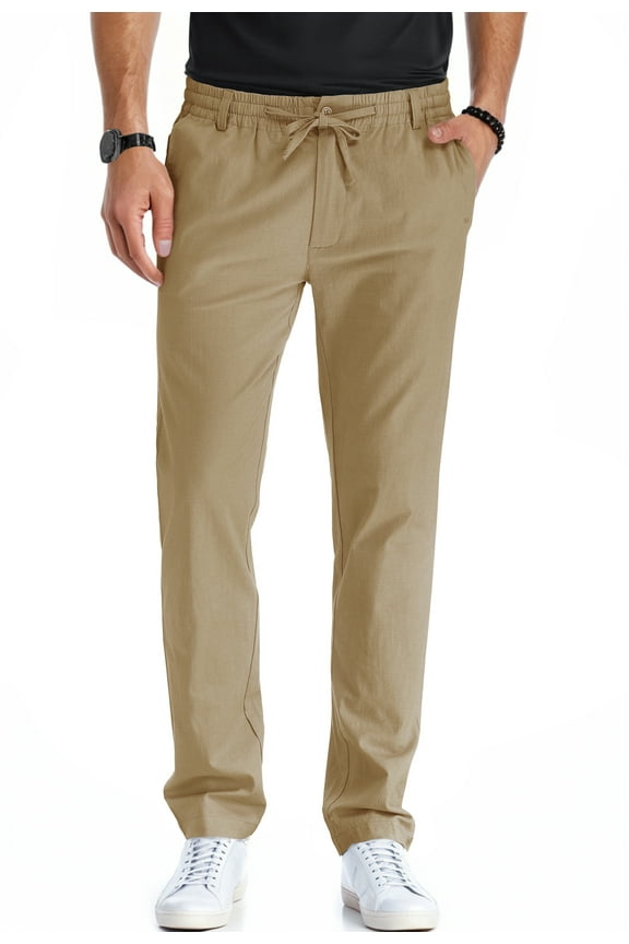 Men's Cotton Linen Pants Elastic Waist Drawstring Casual Trouser Lightweight Straight-Legs Loose Beach Yoga Pants Gray Khaki-US 36
