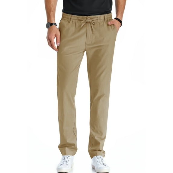 JWD Men's Cotton Linen Pants Elastic Waist Drawstring Casual Trouser Lightweight Straight-Legs Loose Beach Yoga Pants Gray Khaki-US 40